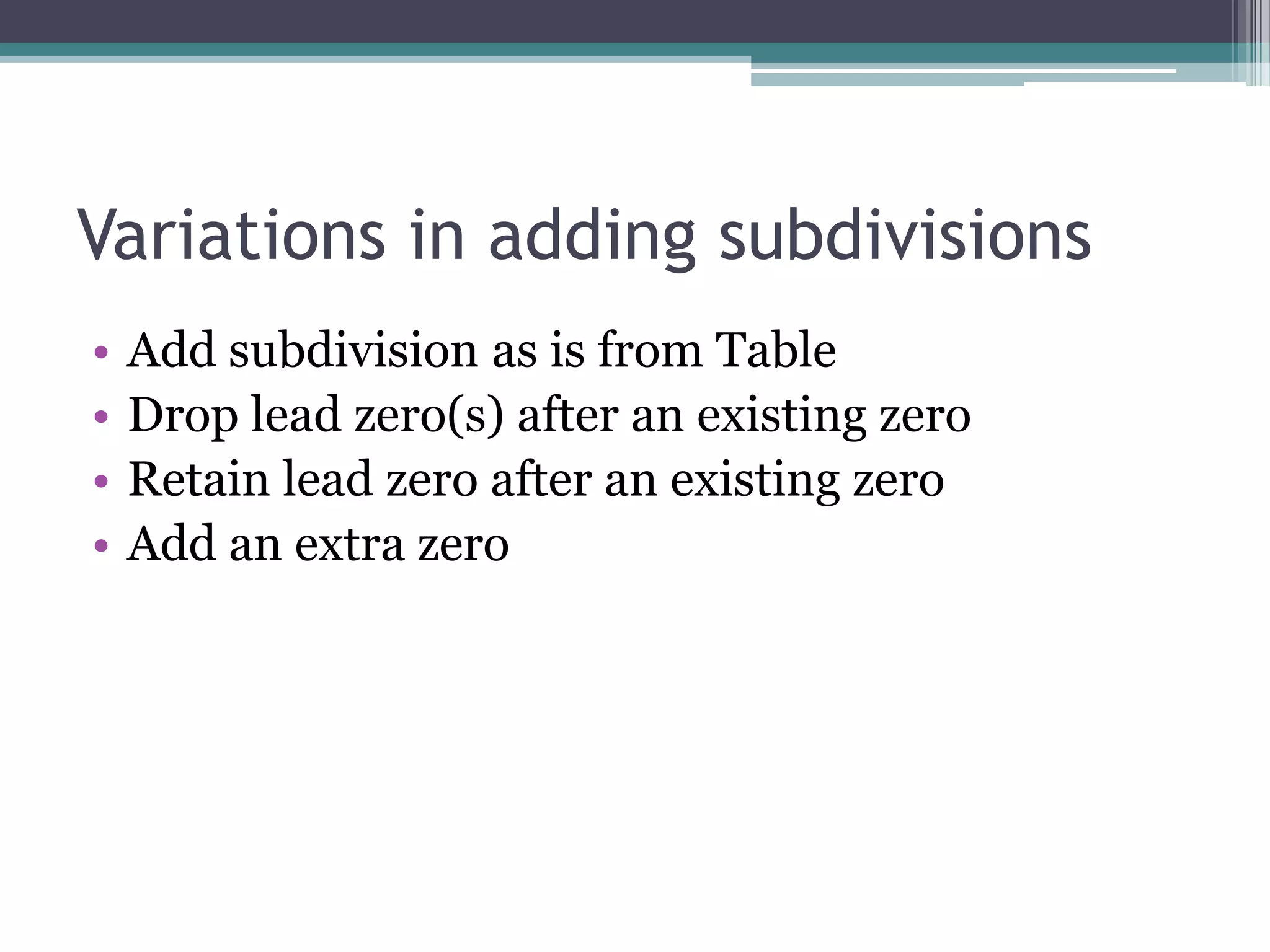 Variations in adding subdivisionsAdd subdivision as is from TableDrop lead zero(s) after an existing zeroRetain lead zero after an existing zeroAdd an extra zero