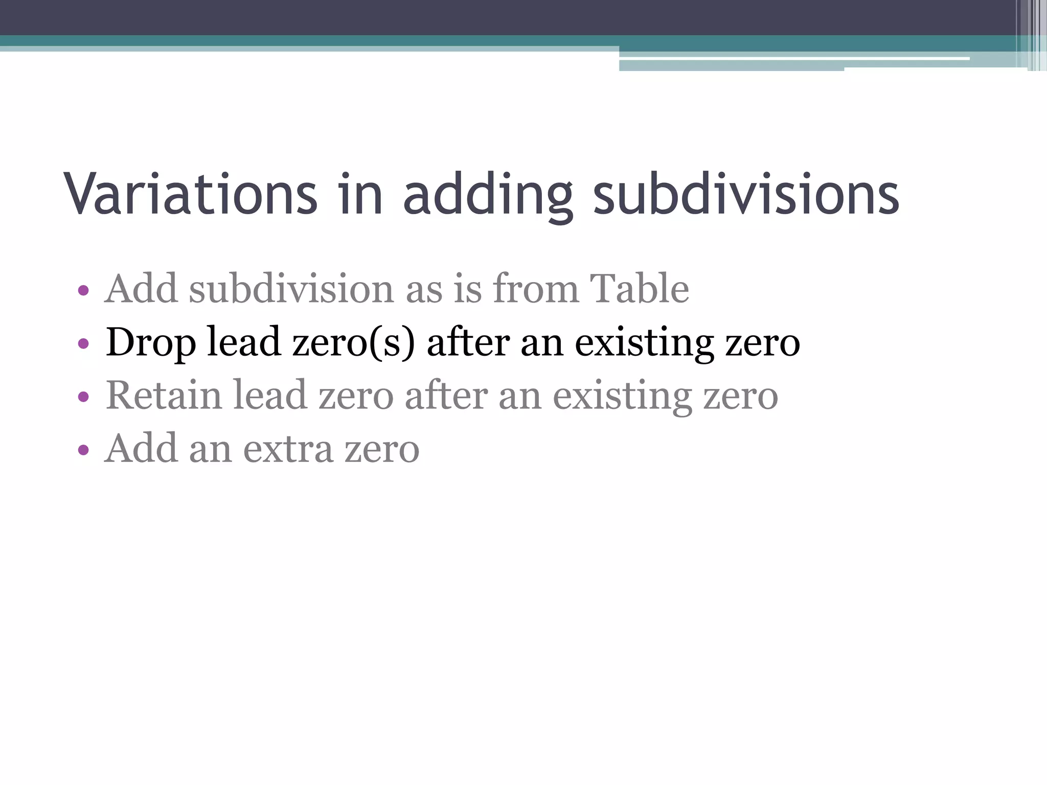 Variations in adding subdivisionsAdd subdivision as is from TableDrop lead zero(s) after an existing zeroRetain lead zero after an existing zeroAdd an extra zero