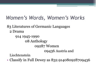 Austrian drama – Women authors – Translations into EnglishWomen’s Words, Women’s Works83 Literatures of Germanic Languages	2 Drama		914 1945-1990			08 Anthology				09287 Women					09436 Austria and LiechtensteinClassify in Full Dewey as 832.914080928709436