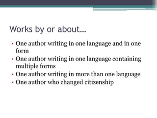 Works by or about…One author writing in one language and in one formOne author writing in one language containing multiple formsOne author writing in more than one languageOne author who changed citizenship