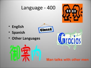 Language - 400 English Spanish Other Languages Man talks with other men 