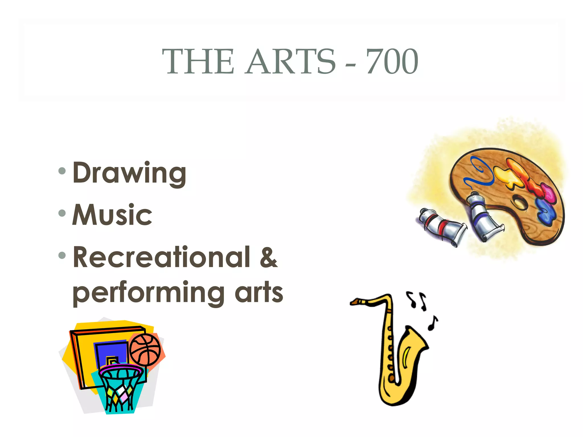 THE ARTS - 700 
• Drawing 
• Music 
•Recreational & 
performing arts 
 