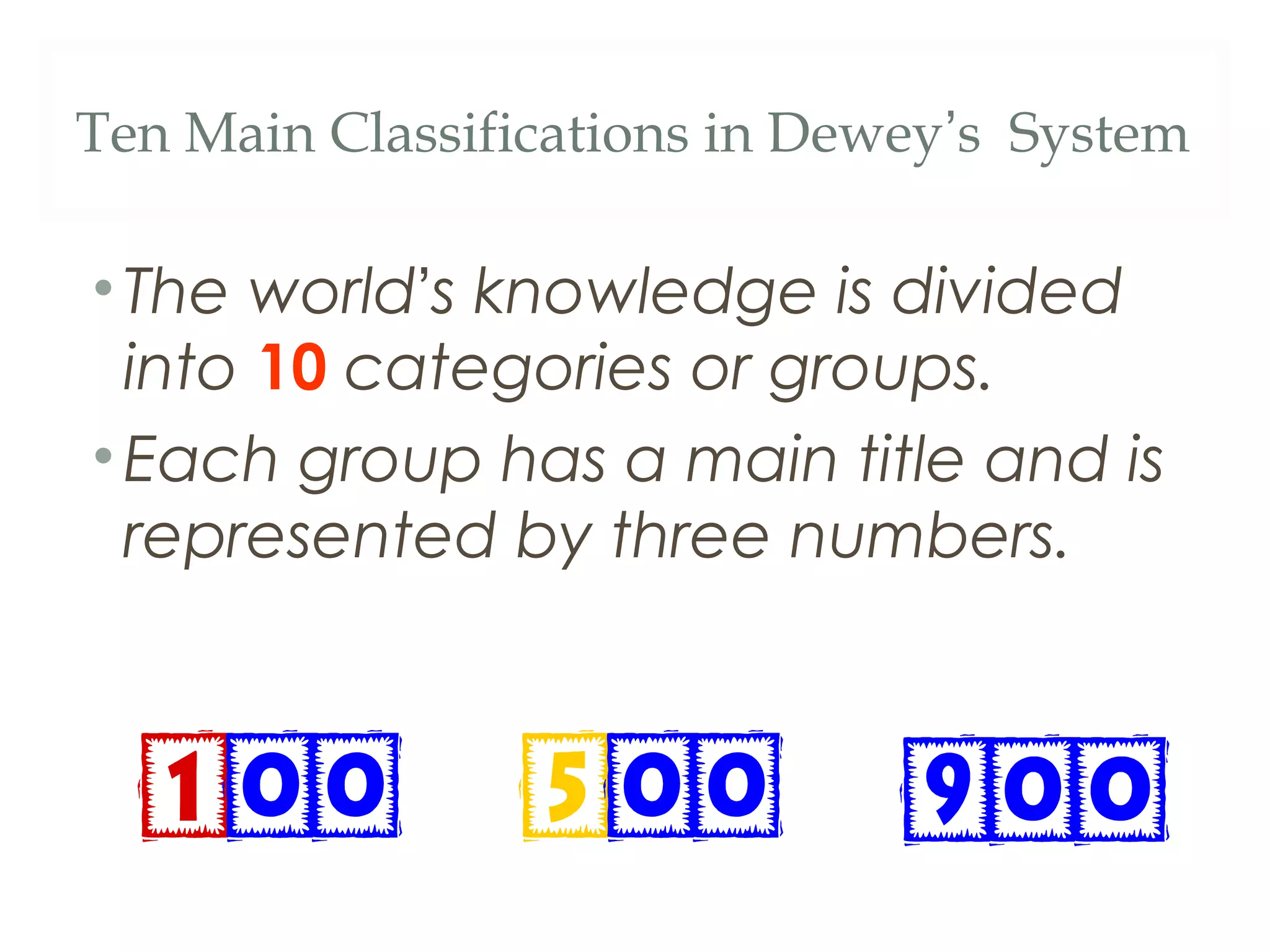 Ten Main Classifications in Dewey’s System 
• The world’s knowledge is divided 
into 10 categories or groups. 
•Each group has a main title and is 
represented by three numbers. 
 