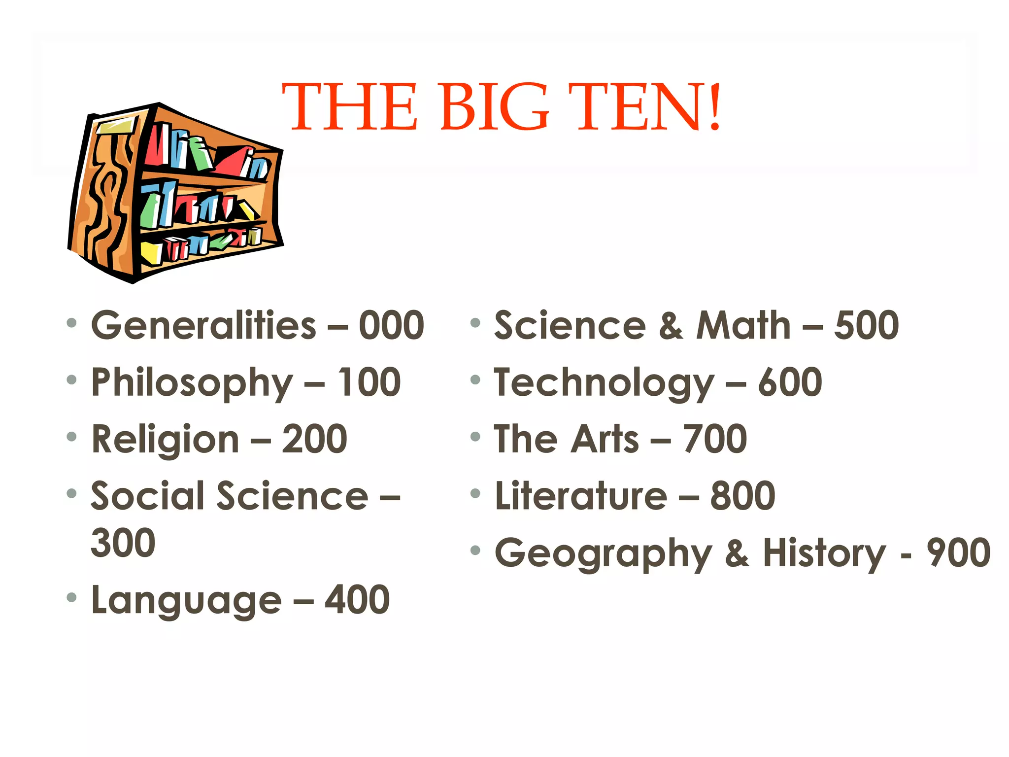 THE BIG TEN! 
• Generalities – 000 
• Philosophy – 100 
• Religion – 200 
• Social Science – 
300 
• Language – 400 
• Science & Math – 500 
• Technology – 600 
• The Arts – 700 
• Literature – 800 
• Geography & History - 900 
 