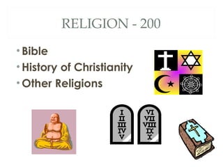 RELIGION - 200 
• Bible 
• History of Christianity 
• Other Religions 
 