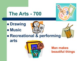 The Arts - 700
 Drawing
 Music
 Recreational & performing
arts
Man makes
beautiful things
 