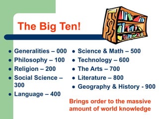 The Big Ten!
 Generalities – 000
 Philosophy – 100
 Religion – 200
 Social Science –
300
 Language – 400
 Science & Math – 500
 Technology – 600
 The Arts – 700
 Literature – 800
 Geography & History - 900
Brings order to the massive
amount of world knowledge
 