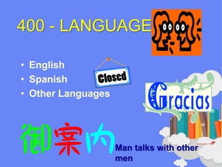 400 - LANGUAGE
• English
• Spanish
• Other Languages
Man talks with other
men
 