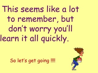 This seems like a lot to remember, but don’t worry you’ll learn it all quickly.  So let’s get going !!!! 