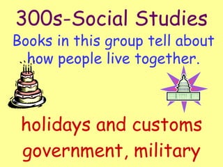 300s-Social Studies Books in this group tell about how people live together. holidays and customs government, military 