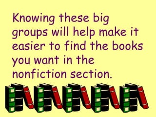 Knowing these big groups will help make it easier to find the books you want in the nonfiction section. 