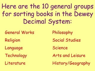 Here are the 10 general groups for sorting books in the Dewey Decimal System: General Works  Philosophy  Religion Social Studies Language Science Technology Arts and Leisure Literature History/Geography 