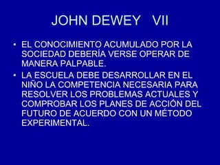 JOHN DEWEY  VII EL CONOCIMIENTO ACUMULADO POR LA SOCIEDAD DEBERÍA VERSE OPERAR DE MANERA PALPABLE. LA ESCUELA DEBE DESARROLLAR EN EL NIÑO LA COMPETENCIA NECESARIA PARA RESOLVER LOS PROBLEMAS ACTUALES Y COMPROBAR LOS PLANES DE ACCIÓN DEL FUTURO DE ACUERDO CON UN MÉTODO EXPERIMENTAL. 