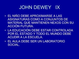 JOHN DEWEY  IX EL NIÑO DEBE APROXIMARSE A LAS ASIGNATURAS COMO A CONJUNTOS DE MATERIAL QUE MANTIENEN NEXOS CON SU ACCIÓN FUTURA. LA EDUCACIÓN DEBE ESTAR CONTROLADA POR EL ESTADO Y TODO EL MUNDO DEBE ACUDIR A LA ESCUELA. EL AULA DEBE SER UN LABORATORIO SOCIAL. 