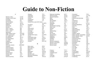 Guide to Non-Fiction
                     A                Antiques                     745.1      Bathroom remodeling     643.3     Card games                     795.4
                                      Aquariums                    590.74     Battered women          362.82    Career guidance                331.702
Abortion, ethics           155.93     Archeology                   930.1      Bed and breakfasts      647.94    Carpentry                      694
Abortion, social issues    363.46     Archery                      799.32     Bible                   220       Cartoons and cartooning        741.5
Acid Rain                  363.73     Architecture                 720        Biking                  796.6     Cats                           636.8
Accounting                 657        Arithmetic                   513        Bill of Rights          342.73    Celebrations                   394.2
ACT test guides            378.1      Armed forces exam (Job Center)          Bioethics               174.2     Ceramic arts                   738
Adolescence                305.23                                  355.0076   Biography               921       Chain saws                     621.93
Adoption                   362.734    Art history                  709        Biology                 574       Chemical dependency            362.29
Advertising                659.1      Arthritis                    616.72     Birds & Bird watching   598.2     Chemistry                      540
Aerobics                   613.7      Arts                         700        Black holes             523       Chess                          794.1
Africa - history           960        Asian history                950        Boating                 797.1     Child abuse                    362.71
Africa - literature        896        Asian travel                 915        Boats                   623.8     Child psychology               155.4
Africa - travel            916        Astrology                    133.5      Bodybuilding            796.41    Child rearing                  649.1
Agriculture                630        Astronautics                 629.4      Botany                  581       Childbirth                     618.2
AIDS, medical issues       616.9792   Astronomy                    520        Boy Scouts              369.4     Children’s parties             793.21
AIDS, social issues        362.1969   ASVAB (Job Center)           355.0076   British history         942       Chilton manuals, automobiles   629.287
Air conditioning           697        Atlases                      912        Buddhism                294.3     Chilton manuals, trucks        629.28
Air pollution              363.73     Automobile racing            796.72     Budgeting               640.42    Chinese history                951
Air transportation         387.7      Automobile repair            629.287    Building                690       Christian devotions            242
Air warfare                358.4      Automobiles                  629.2      Business                650       Christian life                 248
Airplanes                  629.133    Aviation                     629.1303   Business enterprises    338.7     Christian theology             230
Alcohol abuse              362.29                                             Business in the home    658.041   Christianity                   230
Algebra                    512                          B                     Business letters        808.066   Christmas                      394.26
All-terrain vehicles      629.22042                                           Business plans          658.4     Church history                 270
Almanacs                   317        Baby names                  929.4                                         Civil law                      347
American history           973        Baby showers                793.2                          C              Civil rights                   323
American Indians           970        Backaches                   617.56                                        Civil war                      973.7
American literature        820        Ballet                      792.8       Cameras                 771.3     Cleaning                       648
Anatomy                    611        Bankruptcy                  346.078     Camping                 796.54    Cocaine abuse                  362.293
Ancient history            930        Baseball                    796.357     Canadian travel         917.1     Codependency                   606.85
Animal rights              179.3      Baseball cards              790.13      Cancer                  616.994   Coins                          737.4
Animals                    574        Basement remodeling         643.5       Canoeing                797.122   College directories            378.73
Anorexia nervosa           616.85     Basketball                  796.323     Car repair              629.287   Composting                     631.8
 