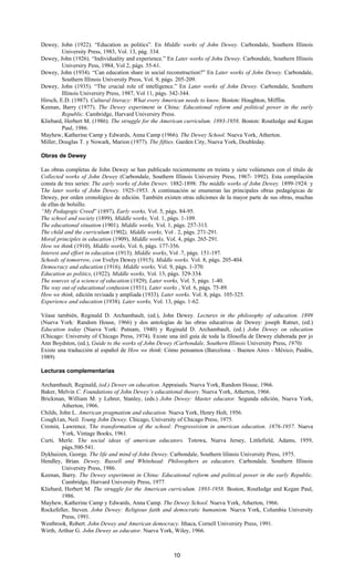 10
Dewey, John (1922). “Education as politics”. En Middle works of John Dewey. Carbondale, Southern Illinois
University Press, 1983, Vol. 13, pág. 334.
Dewey, John (1926). “Individuality and experience.” En Later works of John Dewey. Carbondale, Southern Illinois
Universiry Pess, 1984, Vol 2, págs. 55-61.
Dewey, John (1934). “Can education share in social reconstruction?” En Later works of John Dewey. Carbondale,
Southern Illinois University Press, Vol. 9, págs. 205-209.
Dewey, John (1935). “The crucial role of intelligence.” En Later works of John Dewey. Carbondale, Southern
Illinois Universiry Press, 1987, Vol 11, págs. 342-344.
Hirsch, E.D. (1987). Cultural literacy: What every American needs to know. Boston: Houghton, Mifflin.
Keenan, Barry (1977). The Dewey experiment in China: Educational reform and political power in the early
Republic. Cambridge, Harvard Universiry Press.
Kliebard, Herbert M. (1986). The struggle for the American curriculum. 1893-1958. Boston: RoutIedge and Kegan
Paul, 1986.
Mayhew, Katherine Camp y Edwards, Anna Camp (1966). The Dewey School. Nueva York, Atherton.
Miller, Douglas T. y Nowark, Marion (1977). The fifties. Garden City, Nueva York, Doubleday.
Obras de Dewey
Las obras completas de John Dewey se han publicado recientemente en treinta y siete volúmenes con el título de
Collected works of John Dewey (Carbondale, Southern Illinois Universiry Press, 1967- 1992). Esta compilación
consta de tres series: The early works of John Dewev. 1882-1898: The middle works of John Dewey. 1899-1924: y
The later works of John Dewey. 1925-1953. A continuación se enumeran las principales obras pedagógicas de
Dewey, por orden cronológico de edición. También existen otras ediciones de la mayor parte de sus obras, muchas
de ellas de bolsillo.
“My Pedagogic Creed” (1897), Early works, Vol. 5, págs. 84-95.
The school and society (1899), Middle works, Vol. 1, págs. 1-109.
The educational situation (1901), Middle works, Vol. 1, págs. 257-313.
The child and the curriculum (1902), Middle works, Vol . 2, págs. 271-291.
Moral principles in education (1909), Middle works, Vol. 4, págs. 265-291.
How we think (1910), Middle works, Vol. 6, págs. 177-356.
Interest and effort in education (1913), Middle works, Vol .7, págs. 151-197.
Schools of tomorrow, con Evelyn Dewey (1915), Middle works. Vol. 8, págs. 205-404.
Democracy and education (1916), Middle works, Vol. 9, págs. 1-370.
Education as politics, (1922), Middle works, Vol. 13, págs. 329-334.
The sources of a science of education (1929), Later works, Vol. 5, págs. 1-40.
The way out of educational confusion (1931), Later works , Vol. 6, págs. 75-89.
How we think, edición revisada y ampliada (1933), Later works. Vol. 8, págs. 105-325.
Experience and education (1938), Later works, Vol. 13, págs. 1-62.
Véase también, Reginald D. Archambault, (ed.), John Dewey. Lectures in the philosophy of education. 1899
(Nueva York: Random House, 1966) y dos antologías de las obras educativas de Dewey: joseph Ratner, (ed.)
Education today (Nueva York: Putnam, 1940) y Reginald D. Archambault, (ed.) John Dewey on education
(Chicago: University of Chicago Press, 1974). Existe una útil guía de toda la filosofía de Dewey elaborada por jo
Ann Boydston, (ed.), Guide to the works of John Dewey (Carbondale, Southern Illinois University Press, 1970).
Existe una traducción al español de How we think: Cómo pensamos (Barcelona – Buenos Aires - México, Paidós,
1989)
Lecturas complementarias
Archambault, Reginald, (ed.) Dewev on education. Appraisals. Nueva York, Random House, 1966.
Baker, Melvin C. Foundations of John Dewey’s educational theory. Nueva York, Atherton, 1966.
Brickman, William M. y Lehrer, Stanley, (eds.) John Dewey: Master educator. Segunda edición, Nueva York,
Atherton, 1966.
Childs, John L. American pragmatism and education. Nueva York, Henry Holt, 1956.
Cough1an, Neil. Young John Dewey. Chicago, University of Chicago Press, 1975.
Cremin, Lawrence. The transformation of the school: Progressivism in american education. 1876-1957. Nueva
York, Vintage Books, 1961.
Curti, Merle. The social ideas of american educators. Totowa, Nueva Jersey, Littlefield, Adams, 1959,
págs.500-541.
Dykhuizen, George. The life and mind of John Dewey. Carbondale, Southern lilinois University Press, 1975.
Hendley, Brian. Dewey, Russell and Whitehead: Philosophers as educators. Carbondale, Southern Illinois
University Press, 1986.
Keenan, Barry. The Dewey experiment in China: Educational reform and political power in the early Republic.
Cambridge, Harvard University Press, 1977.
Kliebard, Herbert M. The struggle for the American curriculum. 1893-1958. Boston, RoutIedge and Kegan Paul,
1986.
Mayhew, Katherine Camp y Edwards, Anna Camp. The Dewey School. Nueva York, Atherton, 1966.
Rockefeller, Steven. John Dewey: Religious faith and democratic humanism. Nueva York, Columbia University
Press, 1991.
Westbrook, Robert. John Dewey and American democracy. Ithaca, Cornell Universiry Press, 1991.
Wirth, Arthur G. John Dewey as educator. Nueva York, Wiley, 1966.
 