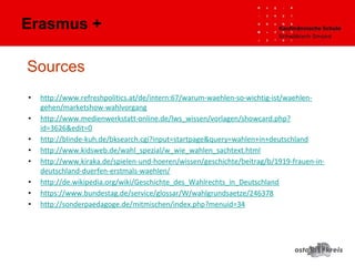 Sources
• http://www.refreshpolitics.at/de/intern:67/warum-waehlen-so-wichtig-ist/waehlen-
gehen/marketshow-wahlvorgang
• http://www.medienwerkstatt-online.de/lws_wissen/vorlagen/showcard.php?
id=3626&edit=0
• http://blinde-kuh.de/bksearch.cgi?input=startpage&query=wahlen+in+deutschland
• http://www.kidsweb.de/wahl_spezial/w_wie_wahlen_sachtext.html
• http://www.kiraka.de/spielen-und-hoeren/wissen/geschichte/beitrag/b/1919-frauen-in-
deutschland-duerfen-erstmals-waehlen/
• http://de.wikipedia.org/wiki/Geschichte_des_Wahlrechts_in_Deutschland
• https://www.bundestag.de/service/glossar/W/wahlgrundsaetze/246378
• http://sonderpaedagoge.de/mitmischen/index.php?menuid=34
Erasmus +
 