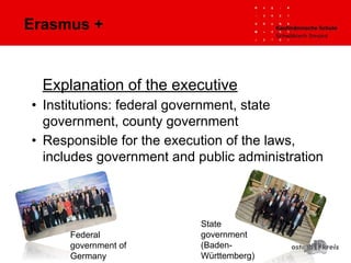 Erasmus +
Explanation of the executive
• Institutions: federal government, state
government, county government
• Responsible for the execution of the laws,
includes government and public administration
Federal
government of
Germany
State
government
(Baden-
Württemberg)
 