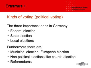 Kinds of voting (political voting)
The three importanst ones in Germany:
• Federal election
• State election
• Local elections
Furthermore there are:
• Municipal election, European election
• Non political elections like church election
• Referendums
Erasmus +
 
