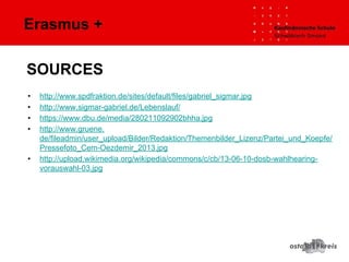 Erasmus +
• http://www.spdfraktion.de/sites/default/files/gabriel_sigmar.jpg
• http://www.sigmar-gabriel.de/Lebenslauf/
• https://www.dbu.de/media/280211092902bhha.jpg
• http://www.gruene.
de/fileadmin/user_upload/Bilder/Redaktion/Themenbilder_Lizenz/Partei_und_Koepfe/
Pressefoto_Cem-Oezdemir_2013.jpg
• http://upload.wikimedia.org/wikipedia/commons/c/cb/13-06-10-dosb-wahlhearing-
vorauswahl-03.jpg
SOURCES
 