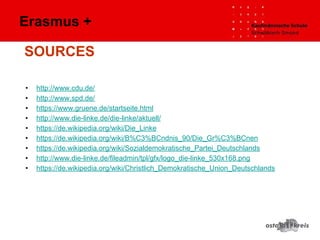 SOURCES
• http://www.cdu.de/
• http://www.spd.de/
• https://www.gruene.de/startseite.html
• http://www.die-linke.de/die-linke/aktuell/
• https://de.wikipedia.org/wiki/Die_Linke
• https://de.wikipedia.org/wiki/B%C3%BCndnis_90/Die_Gr%C3%BCnen
• https://de.wikipedia.org/wiki/Sozialdemokratische_Partei_Deutschlands
• http://www.die-linke.de/fileadmin/tpl/gfx/logo_die-linke_530x168.png
• https://de.wikipedia.org/wiki/Christlich_Demokratische_Union_Deutschlands
Erasmus +
 