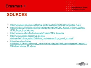 SOURCES
• http://www.itgovernance.eu/blog/wp-content/uploads/2015/05/bundestag_1.jpg
• https://upload.wikimedia.org/wikipedia/de/thumb/9/9f/CDU_flagge_logo.svg/2000px-
CDU_flagge_logo.svg.png
• http://www.csu-altdorf-ndb.de/assets/images/CSU_Logo.jpg
• http://www.gabriele-loesekrug-moeller.
de/imperia/md/images/spd/bildlinks_neu/logosspd/logo_cnmi_zoom.gif
• https://www.bundestag.
de/image/242374/Querformat__16x9/475/267/c830f2fd38a935dea3588e06783dd437/
MZ/sitzverteilung_18_xl.png
Erasmus +
 