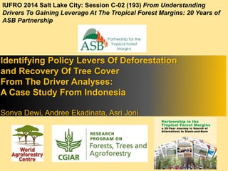 IUFRO 2014 Salt Lake City: Session C-02 (193) From Understanding 
Drivers To Gaining Leverage At The Tropical Forest Margins: 20 Years of 
ASB Partnership 
Identifying Policy Levers Of Deforestation 
and Recovery Of Tree Cover 
From The Driver Analyses: 
A Case Study From Indonesia 
Sonya Dewi, Andree Ekadinata, Asri Joni 
 