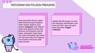 HISTOGRAM DAN POLIGON FREKUENSI
Data yang telah disusun dalam
table frekuensi dapat disajikan
dalam bentuk diagram yang
disebut histogram, yaitu diagram
kotak yang diagram kotak yang
lebarnya menunjukkan interval
kelas, sedangkan batas-batas
tepi kotak merupakan tepi bawah
dan tepi atas kelas dan tingginya
menunjukkan frekuensi pada
kelas tersebut
Apabila titik-titik tengah sisi atas
dari histogram dihubungkan satu
sama lain oleh ruas-ruas garis
maka diperoleh Poligon
Frekuensi.
 