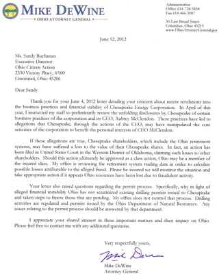 OH Attorney General Mike DeWine Letter Discussing Chesapeake Energy Investigation