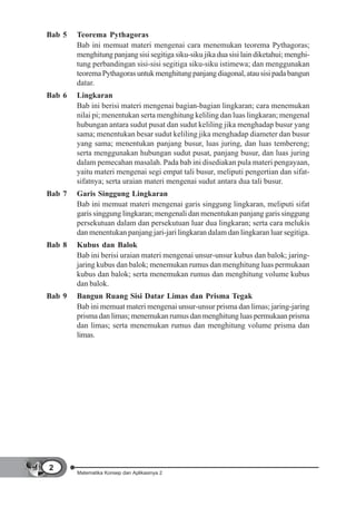 Bab 5   Teorema Pythagoras
        Bab ini memuat materi mengenai cara menemukan teorema Pythagoras;
        menghitung panjang sisi segitiga siku-siku jika dua sisi lain diketahui; menghi-
        tung perbandingan sisi-sisi segitiga siku-siku istimewa; dan menggunakan
        teorema Pythagoras untuk menghitung panjang diagonal, atau sisi pada bangun
        datar.
Bab 6   Lingkaran
        Bab ini berisi materi mengenai bagian-bagian lingkaran; cara menemukan
        nilai pi; menentukan serta menghitung keliling dan luas lingkaran; mengenal
        hubungan antara sudut pusat dan sudut keliling jika menghadap busur yang
        sama; menentukan besar sudut keliling jika menghadap diameter dan busur
        yang sama; menentukan panjang busur, luas juring, dan luas tembereng;
        serta menggunakan hubungan sudut pusat, panjang busur, dan luas juring
        dalam pemecahan masalah. Pada bab ini disediakan pula materi pengayaan,
        yaitu materi mengenai segi empat tali busur, meliputi pengertian dan sifat-
        sifatnya; serta uraian materi mengenai sudut antara dua tali busur.
Bab 7   Garis Singgung Lingkaran
        Bab ini memuat materi mengenai garis singgung lingkaran, meliputi sifat
        garis singgung lingkaran; mengenali dan menentukan panjang garis singgung
        persekutuan dalam dan persekutuan luar dua lingkaran; serta cara melukis
        dan menentukan panjang jari-jari lingkaran dalam dan lingkaran luar segitiga.
Bab 8   Kubus dan Balok
        Bab ini berisi uraian materi mengenai unsur-unsur kubus dan balok; jaring-
        jaring kubus dan balok; menemukan rumus dan menghitung luas permukaan
        kubus dan balok; serta menemukan rumus dan menghitung volume kubus
        dan balok.
Bab 9   Bangun Ruang Sisi Datar Limas dan Prisma Tegak
        Bab ini memuat materi mengenai unsur-unsur prisma dan limas; jaring-jaring
        prisma dan limas; menemukan rumus dan menghitung luas permukaan prisma
        dan limas; serta menemukan rumus dan menghitung volume prisma dan
        limas.




2
        Matematika Konsep dan Aplikasinya 2
 