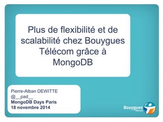 Plus de flexibilité et de
scalabilité chez Bouygues
Télécom grâce à
MongoDB
Pierre-Alban DEWITTE
@__pad__
MongoDB Days Paris
18 novembre 2014
 