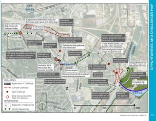 ERIECANALWAYTRAIL-ERIEBOULEVARD
Elevating Erie Concept Plan - DeWitt, NY
OPPORTUNITIESANDCHALLENGESMAP
BridgeSt
FisherRd
Kinne Rd
Edwa
Arbor Ln
Widewaters
Pkwy
R
alph
Ln
DeW
itt Rd
ThompsonRd
Butternut Dr
3rd
St
CeliDr
Towpath Rd
Gifford
Pkwy
ButternutDr
Sutton
Pl
W 1st St
Springfield Rd
Salt Springs Rd
Hampshire Dr
Pelham Rd
ClaretCir
Erie Blvd
WexfordRd
AgwayDr
C E D A R
B A Y
W I D E W A T E R S
P O N D
M
E A
D
O
W
L E Y
C R E E K
BUTTERNUTCREEK
0 0.5 1 Mile
Above-grade portion
of I-481 and ramps
Butternut Dr.
6-8% slope from
trailhead to bridge
Kinne Rd. bridge features
narrow shoulders and a 5’
sidewalk on one side only
Erie CanalwayTrail
runs 34 miles to Rome
Existing path between trail
head andTown Hall / park
12’wide shoulder narrows
on approach to intersection
Overgrown reeds and guardrail
obscure pond to passing traffic
Long vacant Country Club
building has become an eyesore
Road / driveway crossings
of 12’wide shoulder path
Sloped section
ofTowpath Rd.
Parking lot and trail
head lacks a significant
visual presence
Town-owned property contains
vestiges of original Erie Canal
12’wide shoulder provides 2-way
access for walkers and bicyclistsTraffic volumes drop significantly
west of intersection
Tow Path Rd. R.O.W.
likely includes direct
connection to Erie Blvd.
Widewaters Pond could offer a significant
amenity for nearby redevelopment
Two-lane road with
narrow shoulders
Lack of sidewalks
on Bridge St.
Potential trail
alignment contains
significant wetlands
Significant cross-slope
within median
Extremely challenging intersection
to cross on foot or by bike
Need to transition westbound
CanalwayTrail bicyclists from south
side to north side
Double left-turn
lanes to Bridge St.
Existing footpath
Traffic speeds and multiple commercial curb
cuts make for a challenging environment
for walking and bicycling on Erie Blvd.
30’wide portion
of paved median
At approximately 20,000 vehicles per day, Erie
Blvd. remains under capacity for its 6-lane design
Syracuse section of Erie
Blvd. contains wide
landscaped median
Explanation of Challenge
Corridor Challenge
Spot Challenge
Wide Intersection With
High Turn Volumes
CHALLENGES
Text
Explanation of Opportunity
Corridor Opportunity
OPPORTUNITIES
Text
N
13
 