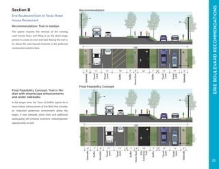 ERIECANALWAYTRAIL-ERIEBOULEVARD
Elevating Erie Concept Plan - DeWitt, NY
Erie Boulevard East at Texas Road
House Restaurant
Recommendation: Trail in median
This option requires the removal of the existing
crash barrier fence and filling in on the down-slope
portion to create an even trail bed. Raising the trail to
be above the west-bound motorists is the preferred
construction practice here.
Final Feasibility Concept: Trail in Me-
dian with streetscape enhancements
and wider sidewalks
In the longer term, the Town of DeWitt aspires for a
more holistic enhancement of Erie Blvd. that includes
an improved pedestrian environment along the
edges. A new sidewalk, street trees and additional
landscaping will enhance economic redevelopment
opportunities as well.
5’11’ 11’11’ 11’5’
105’
Sidewalk
Sidewalk
7’ 2’
Buffer
13’
Buffer
4’
StoneDust
12’ 7’
Buffer
Travel
Lane
Travel
Lane
Travel
Lane
Travel
Lane
12’ 13’13’ 4.5’12’13’ 13’4.5’ 20’
5’11’ 11’11’ 11’6’ 6’7’
105’
Sidewalk
Sidewalk
Buffer
7’2’ 2’
Buffer
4’
StoneDust
12’
Erie
Canalway
Trail
7’
Buffer
Shoulder
Sidewalk
Sidewalk
Travel
Lane
Travel
Lane
Travel
Lane
Travel
Lane
Travel
Lane
Travel
Lane
Travel
Lane
Travel
Lane
Travel
Lane
Travel
Lane
Median
105’
Recommendation
Final Feasibility Concept
Section B
ERIEBOULEVARDRECOMMENDATIONS
25
 