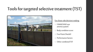 Toolsfortargetedselectivetreatment(TST)
For chute-sidedecision-making
1. FAMACHA©eye
anemia system
2. Bodyconditionscore
3. FivePointCheck©
4. Performancefactors
5. Other combinedTST
 
