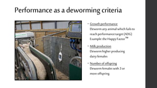 Performanceasadewormingcriteria
• Growthperformance
Deworm anyanimalwhichfailsto
reachperformancetarget (ADG)
Example:theHappyFactor™
• Milk production
Deworm higherproducing
dairyfemales
• Numberof offspring
Deworm femaleswith 3 or
moreoffspring.
 