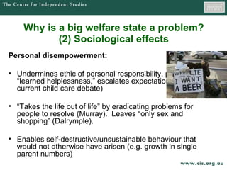 Why is a big welfare state a problem? (2) Sociological effects Personal disempowerment: Undermines ethic of personal responsibility, promotes “learned helplessness,” escalates expectations (e.g. current child care debate) “ Takes the life out of life” by eradicating problems for people to resolve (Murray).  Leaves “only sex and shopping” (Dalrymple). Enables self-destructive/unsustainable behaviour that would not otherwise have arisen (e.g. growth in single parent numbers)  