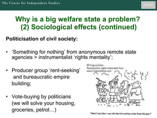 Why is a big welfare state a problem?  (2) Sociological effects (continued) Politicisation of civil society: ‘ Something for nothing’ from anonymous remote state agencies > instrumentalist ‘rights mentality’ ; Producer group ‘rent-seeking’    and bureaucratic empire  building;  Vote-buying by politicians (we will solve your housing, groceries, petrol…) 