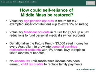 How could self-reliance of  Middle Mass be restored? Voluntary  age pension opt-outs  in return for tax-exempted super contributions (up to extra 9% of salary) Voluntary  Medicare opt-outs  in return for $2,500 p.a. tax reductions to fund personal medical savings accounts Denationalise the Future Fund - $3,000 seed money for every Australian, to grow into  personal earnings replacement accounts  with 1% annual levy to replace first 6 months of benefits No  income tax  until subsistence income has been earned;  child tax credits  to replace family payments 