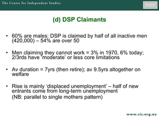 (d) DSP Claimants 60% are males: DSP is claimed by half of all inactive men (420,000) – 54% are over 50 Men claiming they cannot work = 3% in 1970, 6% today; 2/3rds have ‘moderate’ or less core limitations Av duration = 7yrs (then retire); av 9.5yrs altogether on welfare Rise is mainly ‘displaced unemployment’ – half of new entrants come from long-term unemployment  (NB: parallel to single mothers pattern) 