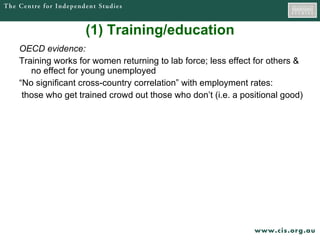 (1) Training/education OECD evidence:   Training works for women returning to lab force; less effect for others & no effect for young unemployed “ No significant cross-country correlation” with employment rates:  those who get trained crowd out those who don’t (i.e. a positional good) 