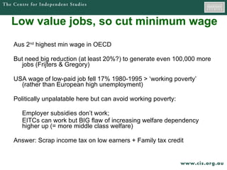 Low value jobs, so cut minimum wage Aus 2 nd  highest min wage in OECD But need big reduction (at least 20%?) to generate even 100,000 more jobs (Frijters & Gregory) USA wage of low-paid job fell 17% 1980-1995 > ‘working poverty’ (rather than European high unemployment) Politically unpalatable here but can avoid working poverty: Employer subsidies don’t work; EITCs can work but BIG flaw of increasing welfare dependency higher up (= more middle class welfare) Answer: Scrap income tax on low earners + Family tax credit 