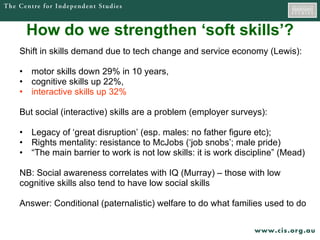 How do we strengthen ‘soft skills’? Shift in skills demand due to tech change and service economy (Lewis): motor skills down 29% in 10 years,  cognitive skills up 22%,  interactive skills up 32% But social (interactive) skills are a problem (employer surveys): Legacy of ‘great disruption’ (esp. males: no father figure etc); Rights mentality: resistance to McJobs (‘job snobs’; male pride) “ The main barrier to work is not low skills: it is work discipline” (Mead) NB: Social awareness correlates with IQ (Murray) – those with low  cognitive skills also tend to have low social skills Answer: Conditional (paternalistic) welfare to do what families used to do 