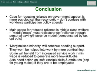 Conclusion Case for reducing reliance on government support is more sociological than economic – don’t confuse with workforce participation policy agenda Main scope for reduced reliance is middle class welfare – ‘middle mass’ must rediscover self-reliance through personal saving/insurance model (compensated by tax opt outs) ‘ Marginalised minority’ will continue needing support. They wont be helped into work by more edn/training.  Some will benefit from increased service work if min wage is reduced to generate more low-skill jobs. Also need action on ‘soft’ (social) skills & attributes (esp for young males) if they are to be employable 