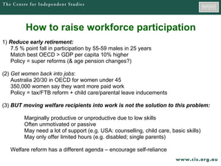 How to raise workforce participation 1)  Reduce early retirement: 7.5 % point fall in participation by 55-59 males in 25 years Match best OECD > GDP per capita 10% higher Policy = super reforms (& age pension changes?) (2)  Get women back into jobs : Australia 20/30 in OECD for women under 45 350,000 women say they want more paid work Policy = tax/FTB reform + child care/parental leave inducements (3)  BUT moving welfare recipients into work is not the solution to this problem: Marginally productive or unproductive due to low skills Often unmotivated or passive May need a lot of support (e.g. USA: counselling, child care, basic skills) May only offer limited hours (e.g. disabled; single parents) Welfare reform has a different agenda – encourage self-reliance 