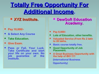 Totally Free Opportunity For
          Additional Income.
                     Income
      XYZ Institute.                 DewSoft Education
                                               Academy.
   Pay 10,000/-
                                    Pay 8,000/-
   & Select Any Course             Lots of Education, other benefits.
   Take Education.                 Valuaded Service (From Rs 2 lakh
                                     to 20 lakhs.
   Give Exam.                      Basic course totally free.
   Pass or Fail, Your Luck.        Good Opportunity of Job
    Take Certificate and start       Placement.
    your life on your own. No       A Great Business Opportunity with
    job guarantee of the             the help of IBO !!!!!
    institute.                       (International Business
                                     Opportunity)
 