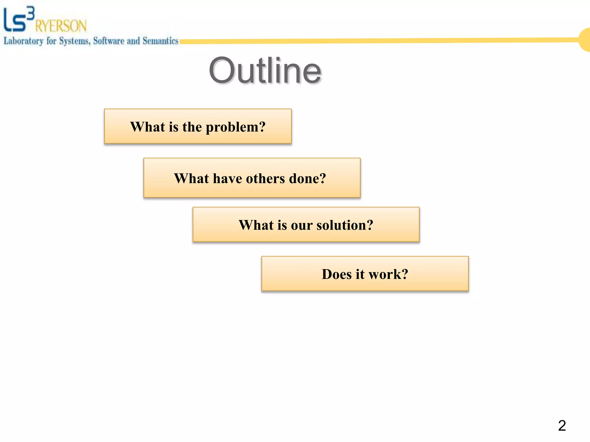What is the problem?
What have others done?
What is our solution?
Does it work?
Outline
2
 
