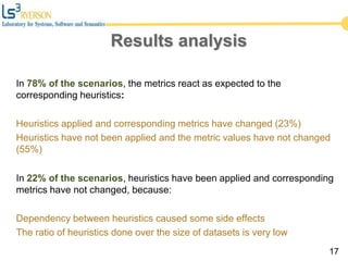 Results analysis
In 78% of the scenarios, the metrics react as expected to the
corresponding heuristics:
Heuristics applied and corresponding metrics have changed (23%)
Heuristics have not been applied and the metric values have not changed
(55%)
In 22% of the scenarios, heuristics have been applied and corresponding
metrics have not changed, because:
Dependency between heuristics caused some side effects
The ratio of heuristics done over the size of datasets is very low
17
 