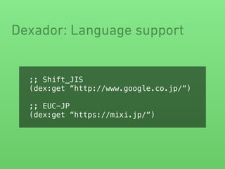 Dexador: Language support
;; Shift_JIS
(dex:get “http://www.google.co.jp/“)
;; EUC-JP
(dex:get “https://mixi.jp/“)
 