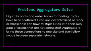 Problems Aggregators Solve
Liquidity pools and order books for ﬁnding trades
have been scattered. Even one decentralized network
or blockchain can have multiple DEXs with their own
pool of assets that are not connected. Aggregators
bring these connections to one site and even allow
swaps between separate networks.
 