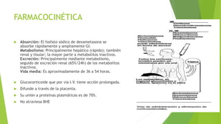 FARMACOCINÉTICA
 Absorción: El fosfato sódico de dexametasona se
absorbe rápidamente y ampliamente GI.
Metabolismo: Principalmente hepático (rápido); también
renal y tisular; la mayor parte a metabolitos inactivos.
Excreción: Principalmente mediante metabolismo,
seguido de excreción renal (65%/24h) de los metabolitos
inactivos.
Vida media: Es aproximadamente de 36 a 54 horas.
 Glucocorticoide que por vía I.V. tiene acción prolongada.
 Difunde a través de la placenta.
 Su unión a proteínas plasmáticas es de 70%.
 No atraviesa BHE
 